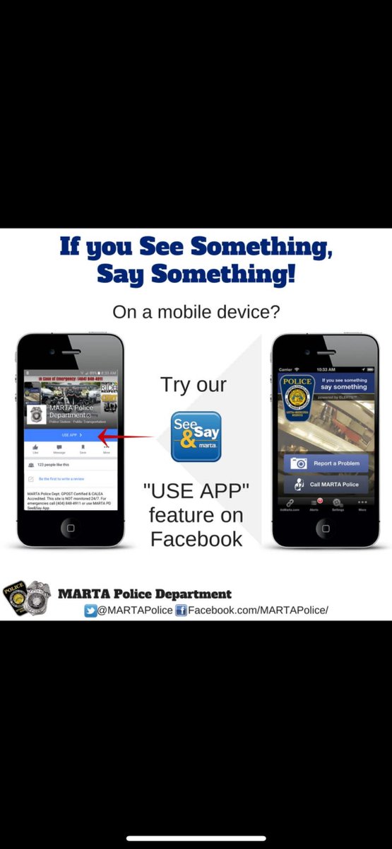 The MARTA Police Department is working around the clock to keep you safe, monitoring thousands of cameras and deploys officers to respond quickly when needed. If you feel unsafe or see something suspicious, call 404-848-4911/download the See &amp; Say app at itsmarta.com/marta-see-say.….