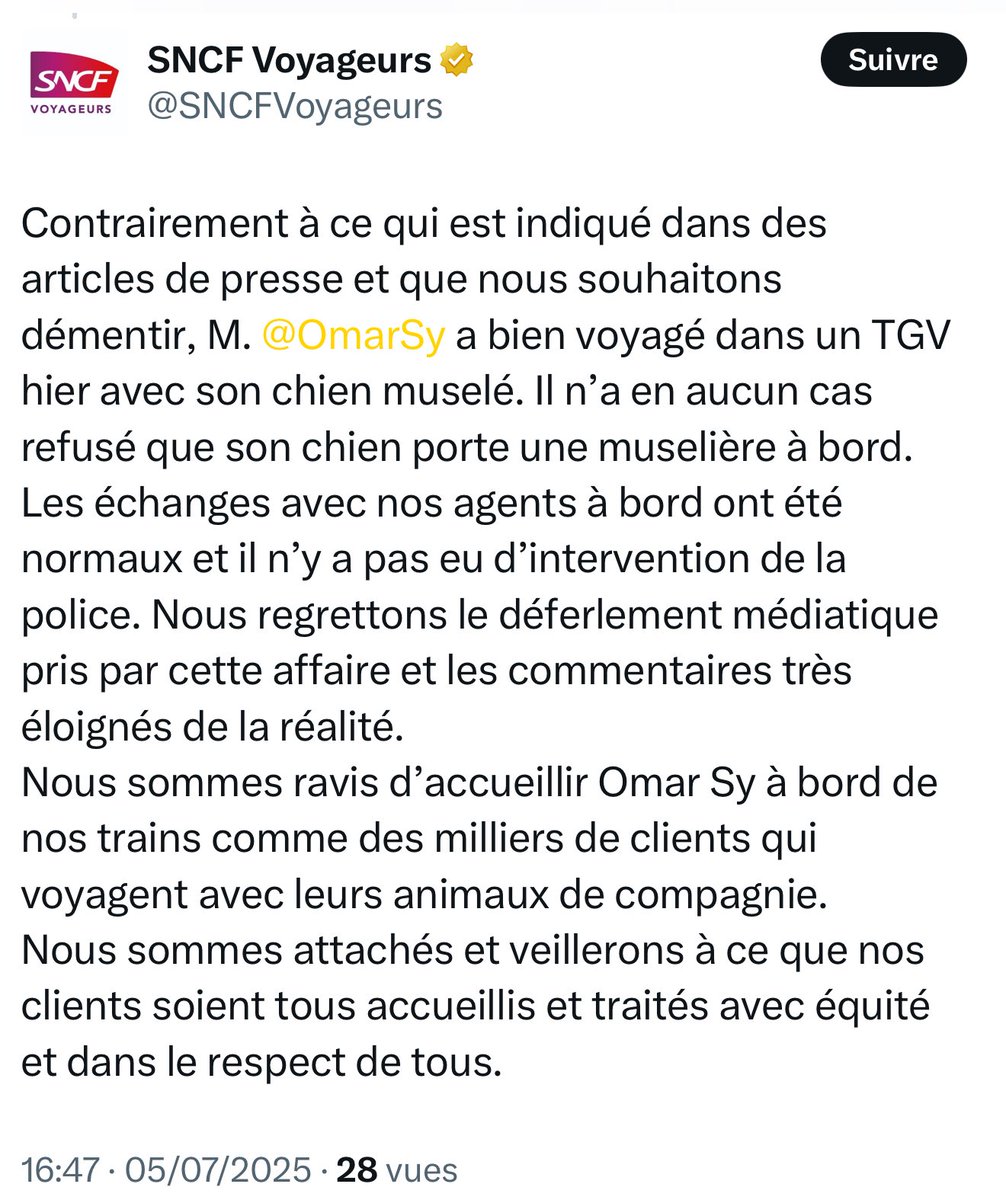 🚨🇫🇷 ALERTE FAKE NEWS du média d’extrême droite Valeurs Actuelles

Omar Sy n’a JAMAIS été INTERPELLÉ hier et n’a pas REFUSÉ de museler son chien. Ils ont voyagé tranquillement, et la SNCF confirme que l’animal était bien MUSELÉ.