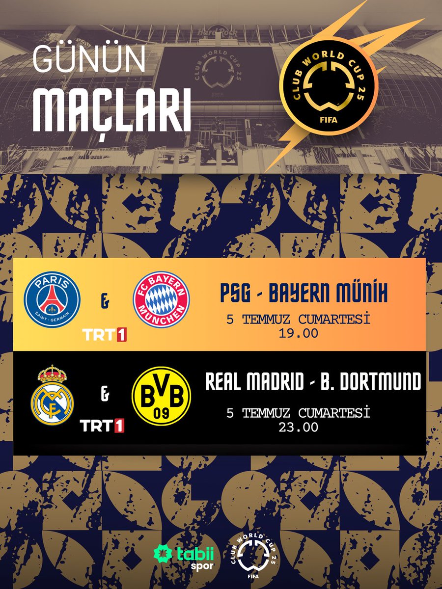 🏆 #FIFACWC | FIFA Kulüpler Dünya Kupası'nda Günün Maçları! 🤩

🆚 Paris Saint-Germain - Bayern Münih
⏰ 19.00

🆚 Real Madrid - Borussia Dortmund
⏰ 23.00