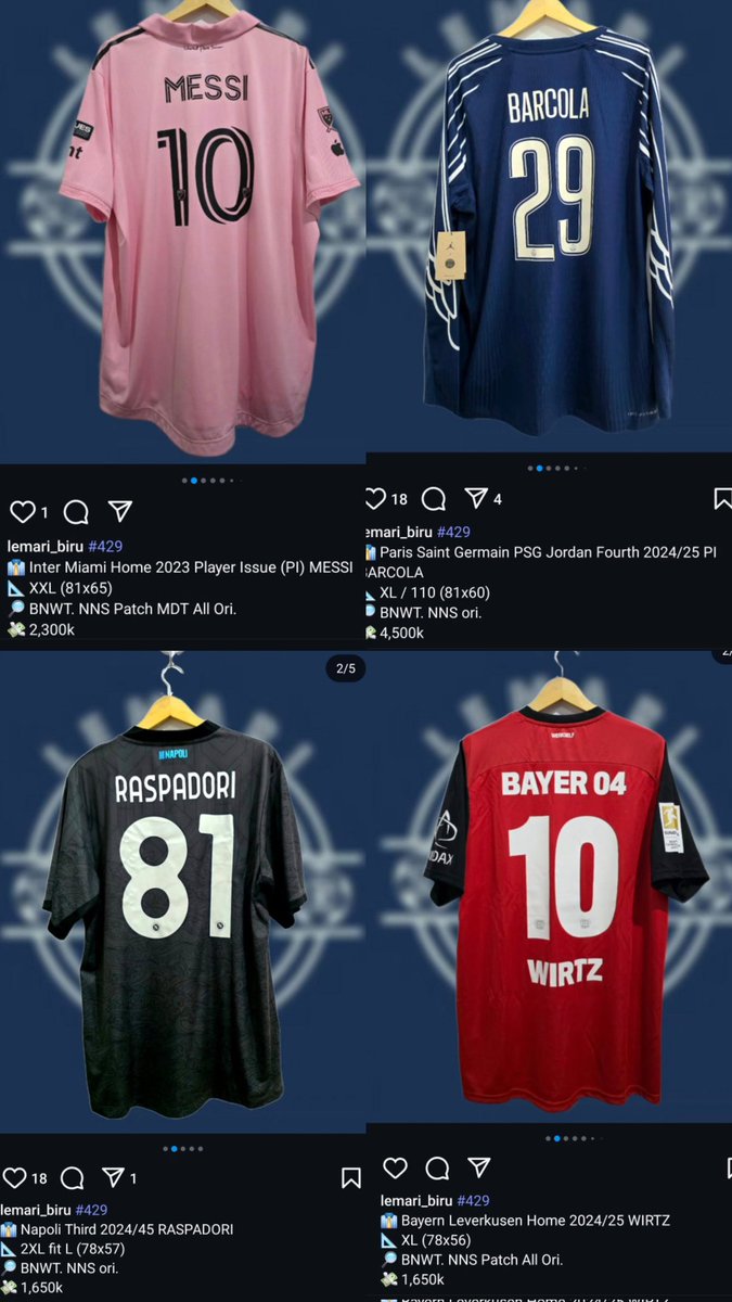 #426 <a href="/Jerseyforum/">Si Paling Jersey</a> NEW DROPS!
1. Inter Miami H 23 Player Issue (PI) MESSI
2. Bayern Leverkusen SOLD ❌️
3. Napoli 3rd 24 RASPADORI
4. Paris Saint Germain PSG 4th 24 PI BARCOLA

Detail di gambar / meluncur ke:

📷 IG instagram.com/lemari_biru
☎️  WA +6281110067132
#jersey4sale
