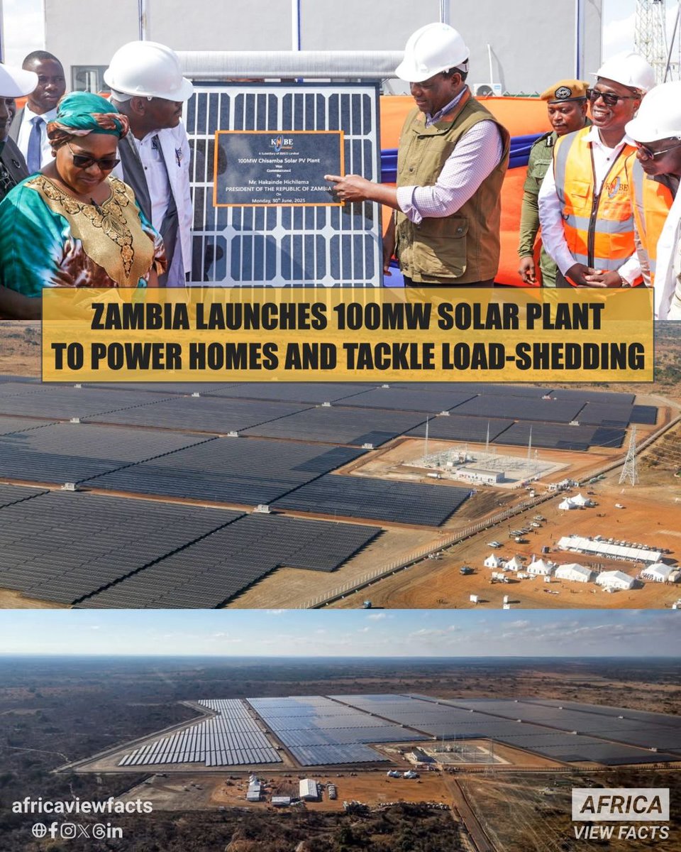 AfricaViewFacts's tweet photo. Zambia 🇿🇲 has opened a 100MW solar power plant this week that powers tens of thousands of homes.

The Chisamba Solar Power Plant is the fifth largest single solar project in Africa, after those in Egypt, Morocco, and South Africa.

The project has helped reduce power cuts. https://t.co/wTXYi4yCWa