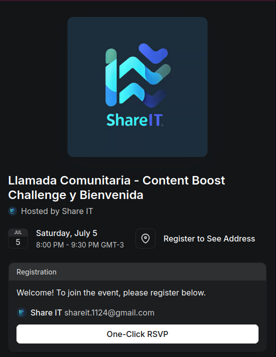 shareit_lat's tweet image. ¿Qué planes hay para hoy a la noche?

Si tenés ganas de quedarte en casa y pasar un rato divertido con gente muy copada, ¡sumate a nuestra llamada comunitaria por Discord!

Hoy, a las 8PM (ARG)

Más info en nuestra página de Luma
lu.ma/vop7nvlq