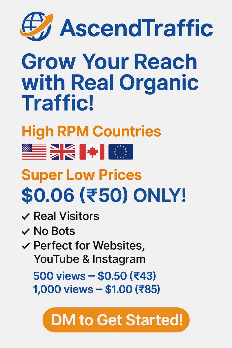 ascendtraffic_'s tweet photo. 🚀 Ready to grow your brand with real results?
AscendTraffic delivers authentic, organic traffic from the USA, UK, Canada, EU, and beyond—starting at just $0.06 (₹50)!

Perfect for your website, YouTube channel, or Instagram page.

✨ DM us now to get started.
#ads #affordable https://t.co/Ma9qWhTHLs