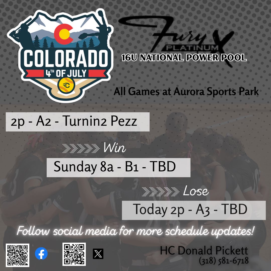 Fury Platinum X - Pickett (@fpxpickett) on Twitter photo After going 2-0 yesterday, we are back at it at 2p! Join us at Aurora Sports Park - one game at a time! Let’s go ladies! <a href="/FuryPlatinum/">FuryPlatinumSoftballClub</a> <a href="/ConnectSports_/">Connect Sports</a> <a href="/COSparkFire/">CO 4th of July</a> After going 2-0 yesterday, we are back at it at 2p! Join us at Aurora Sports Park - one game at a time! Let’s go ladies! <a href="/FuryPlatinum/">FuryPlatinumSoftballClub</a> <a href="/ConnectSports_/">Connect Sports</a> <a href="/COSparkFire/">CO 4th of July</a>