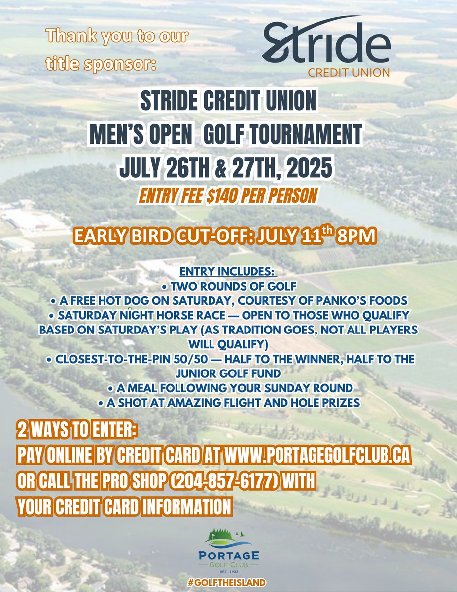☀️ Beautiful day to swing the sticks!
Even better day to lock in your spot at the 2025 <a href="/MyStrideCU/">Stride Credit Union</a> Men’s Open ⛳

🎯 Sign up + pay by July 11 @ 8PM to be entered for a shot at FREE entry next year!🐦

👉 portagegolfclub.ca | ☎️ 204-857-6177
#GolfTheIsland #MensOpen2025