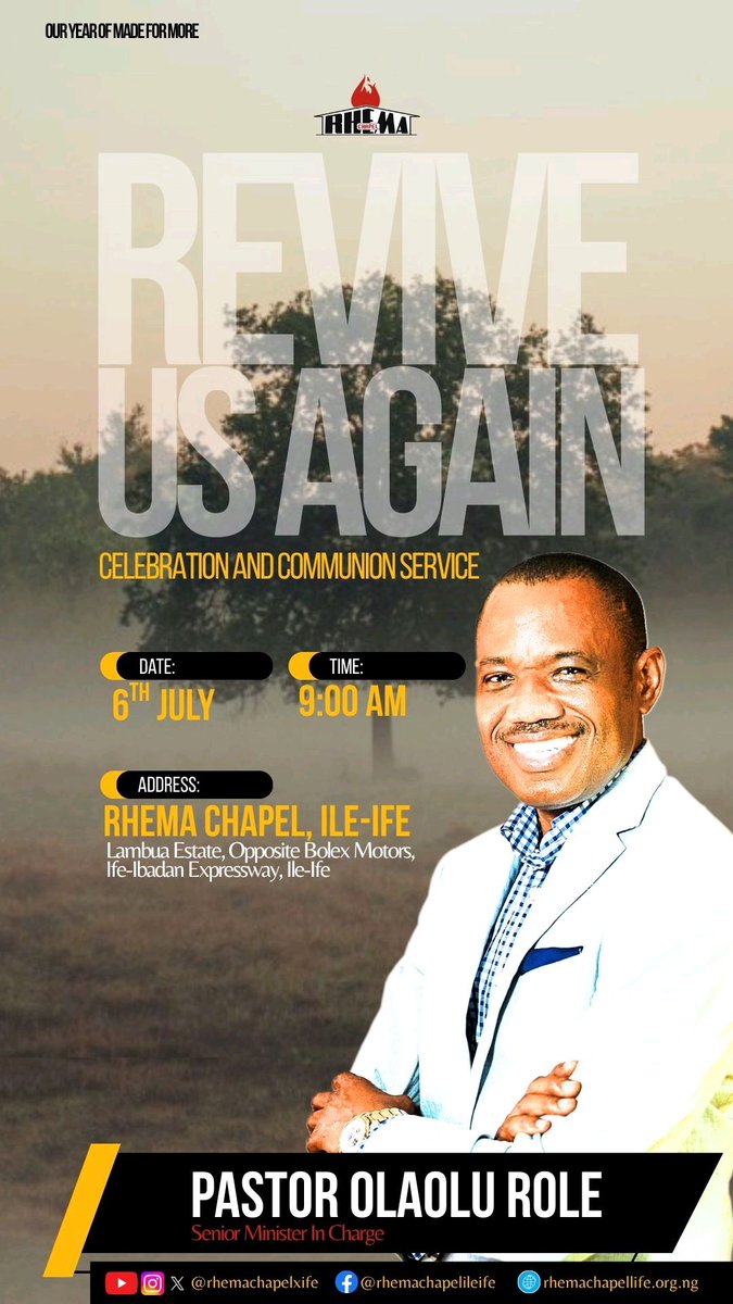 RhemaChapelxIfe's tweet photo. 🌟 Join us for a soul-stirring experience at tomorrow's service!
🌟 This special service promises to uplift your spirit and fill your heart with hope.
🙌 Bring your family and friends for a warm, welcoming morning of faith and community!✨

#ReviveUsAgain
#RhemaIfe
#Made4More https://t.co/HSbDUMHGmv