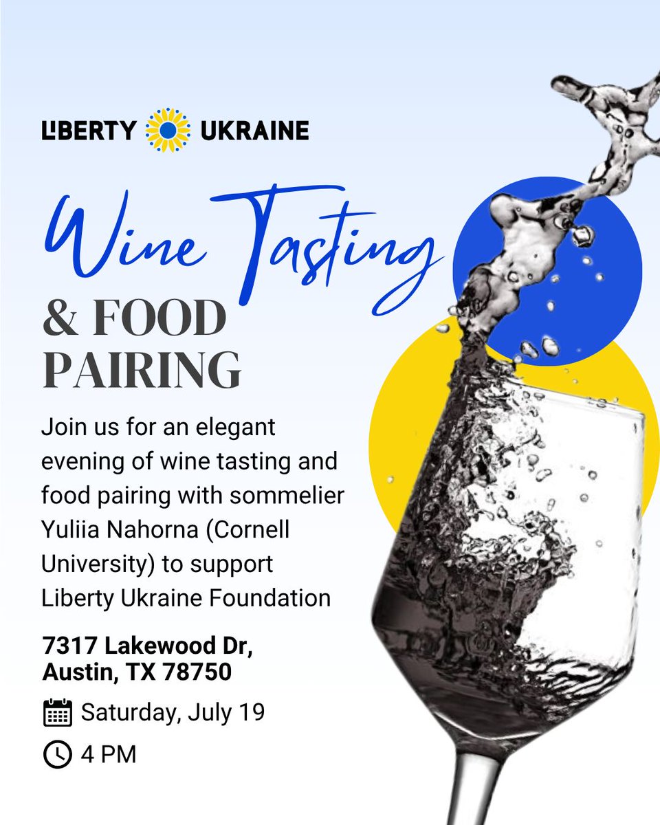 🍷 Wine Tasting &amp; Food Pairing Evening to Support Ukraine 🇺🇦

Join Liberty Ukraine Foundation for an elegant evening of wine tasting and curated food pairings, guided by sommelier Yuliia Nahorna, a Cornell University graduate.

Savor hand-selected wines paired with gourmet bites