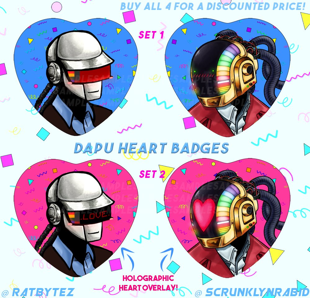 RATBYTEZ's tweet image. MERCH PREVIEW ! DAPU BADGES
collab item w @scrunklynrabid .ᐟ.ᐟ
SET 1 - Bright Film (Non Holo)
SET 2 - Holo Heart
estimated to be around 7-8usd per badge.
this includes fees and paying both artists .ᐟ
(discount for all 4)
release,late july. more merch to come.
#daftpunk