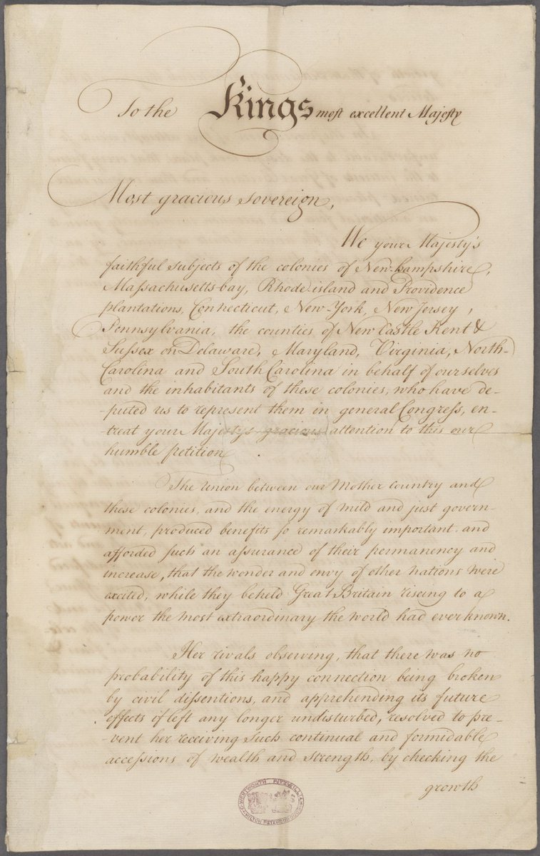 AmRevInstitute's tweet image. #OnThisDay 250 years ago, the Olive Branch Petition was adopted by the Second Continental Congress on July 5, 1775. It was the colonists’ last attempt at peace with Kind George III.