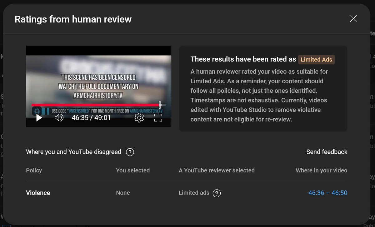 ArmchairHist's tweet image. Trying to get one of our new documentaries out on YouTube. We censored a scene and blurred it out, but it seems like that wasn't enough. Will cut it entirely and try again tomorrow!