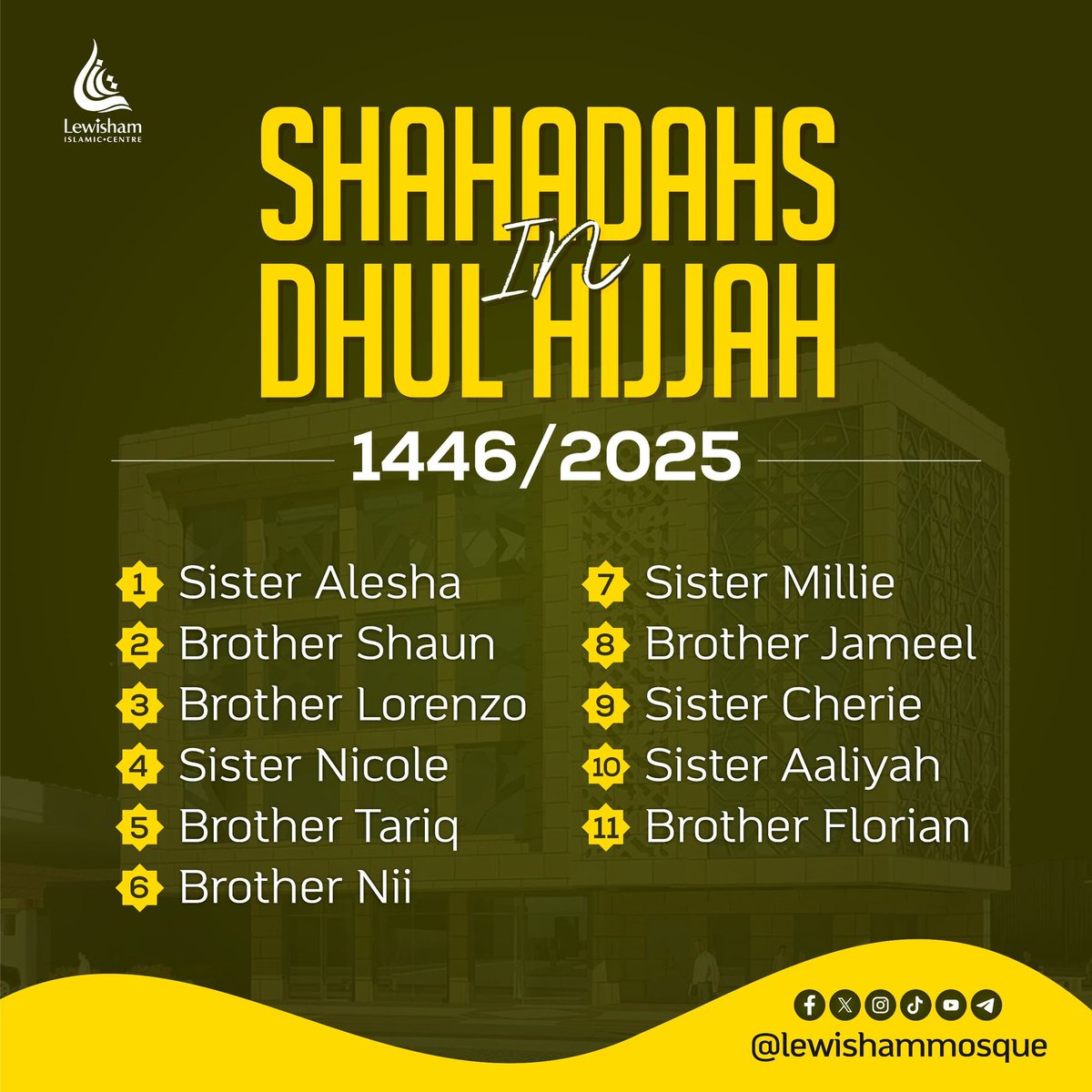 LewishamMosque's tweet image. Alhamdulillah we are pleased to welcome 11 new Brothers and Sisters into our community who all took their Shahadah in Dhul Hijjah!
May Allah aid our New Muslims and keep them steadfast - Ameen