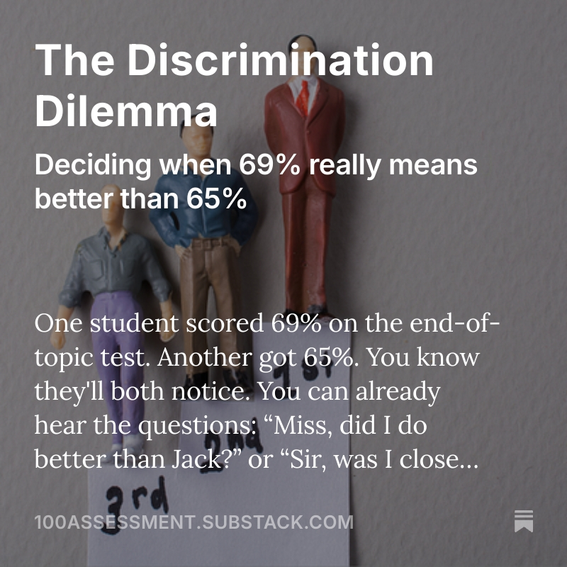 Becky Allen (@profbeckyallen) on Twitter photo New on 100% Assessment with <a href="/head_teach/">Matthew Evans</a>:
The Discrimination Dilemma - Deciding when 69% really means better than 65%.
As always, subscribe for weekly updates.
100assessment.substack.com/p/the-discrimi… New on 100% Assessment with <a href="/head_teach/">Matthew Evans</a>:
The Discrimination Dilemma - Deciding when 69% really means better than 65%.
As always, subscribe for weekly updates.
100assessment.substack.com/p/the-discrimi…