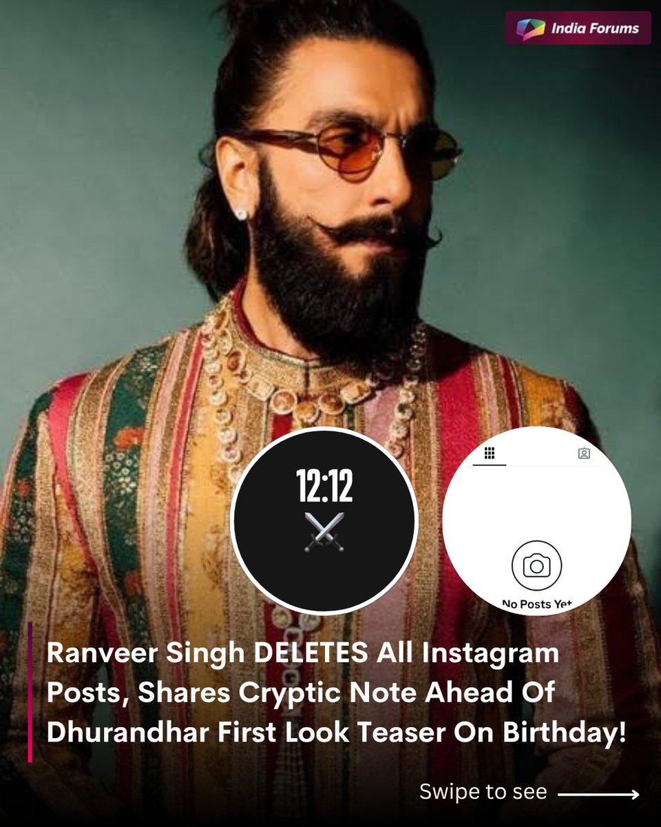 indiaforums's tweet photo. Today as Ranveer Singh's Birthday he DELETES all his Instagram Posts and shares a Cryptic story ahead of Dhurandhar First Look ! 
.
.
#RanveerSingh #DeletesAllInstagramPosts #CrypticNote #BirthdayBoy #Dhurandhar #BollywoodBuzz #BollywoodNews #If #IndiaForums https://t.co/yGK0OJYDgc
