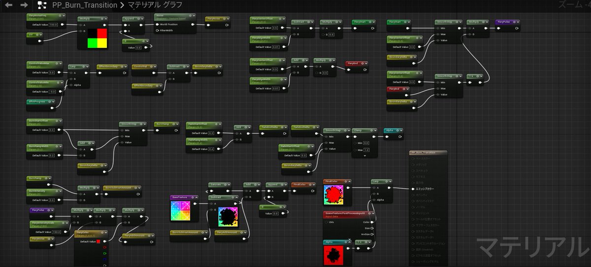 endwar1338's tweet image. I&apos;ve developed a burn transition post-process material in #UnrealEngine. A key feature is that it maintains the correct aspect ratio, preventing distortion on various displays. Planning to post the material nodes for easy copy-pasting. #UE5Study