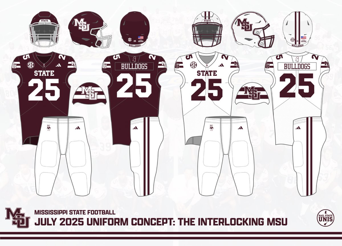 𝐂𝐎𝐍𝐂𝐄𝐏𝐓 | What if Mississippi State brought back the 𝐈𝐧𝐭𝐞𝐫𝐥𝐨𝐜𝐤𝐢𝐧𝐠 𝐌𝐒𝐔 full time?

My take on what a modernized uniform set featuring the  fan-favorite Interlocking MSU could look like.

#HailState🐶🏈