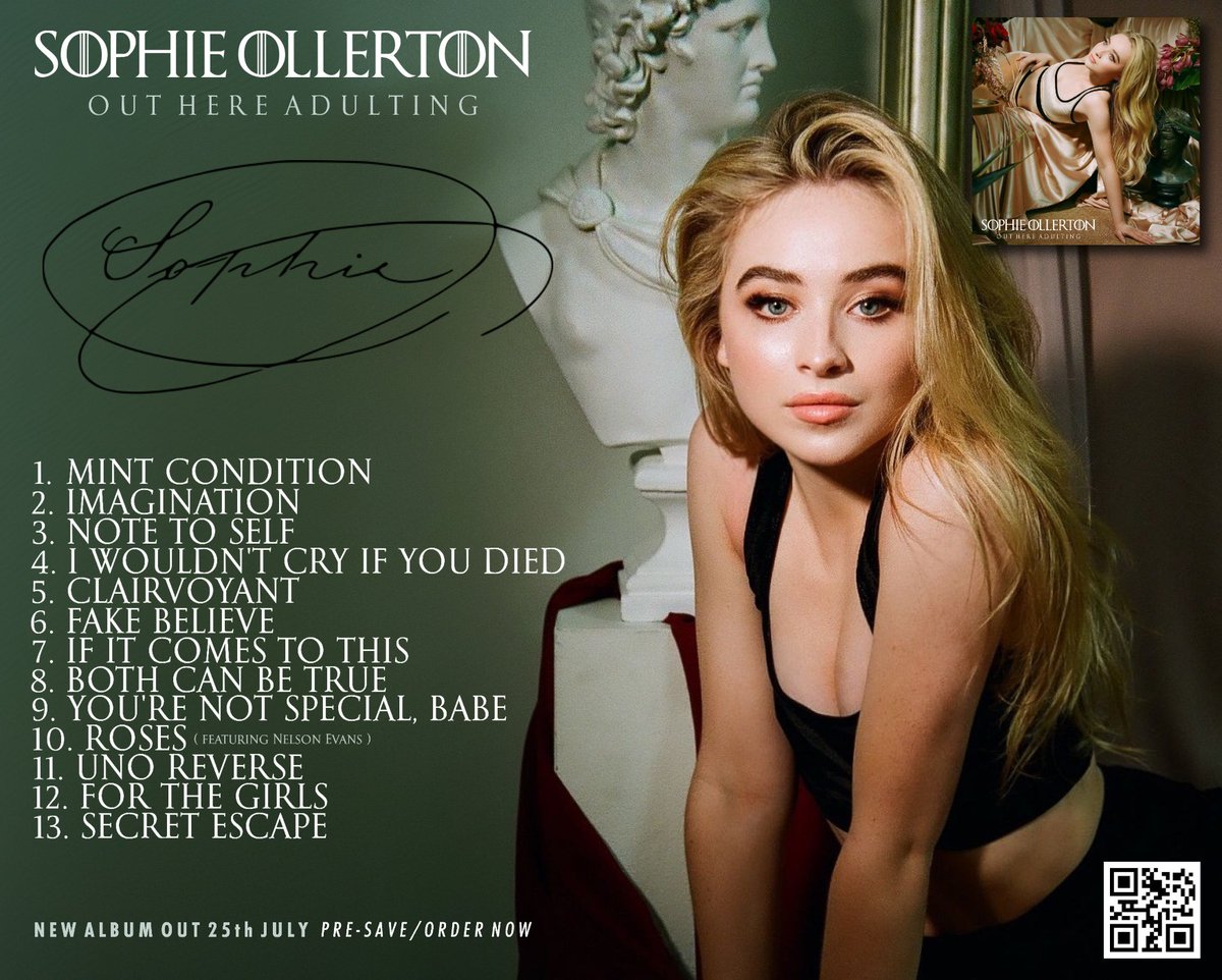 SophieOllerton's tweet photo. So thrilled to finally reveal the tracklist for my new album, #OutHereAdulting. Every song is its own chapter. Can’t WAIT for you to hear all 13 tracks! Album drops 25th July – pre-save/order now using the QR code or at https://t.co/icgGAHElnh 💚 Thanks for being on this journey. https://t.co/lN9cUOILNB
