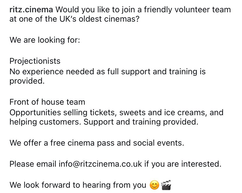 We are looking for new volunteers - both front of house and projectionists, to join our amazing team 🎬