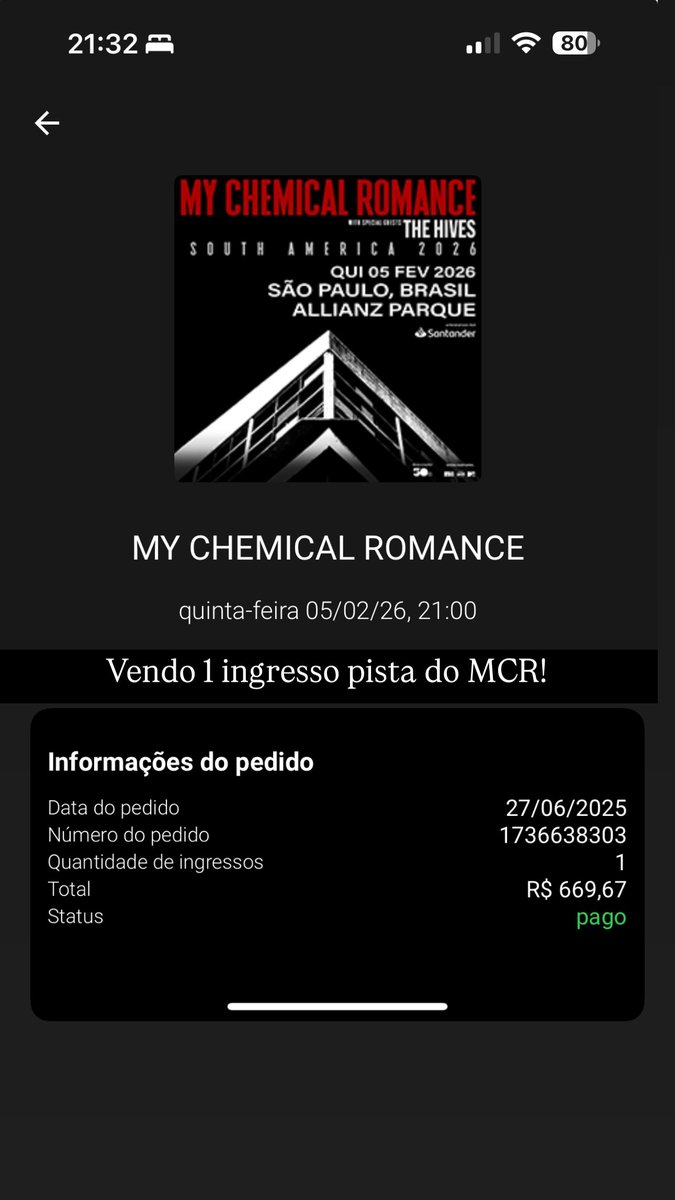 n0rmanFuckR's tweet photo. Vendo 1 ingresso pista inteira para o MCR (data e valores já na imagem, aceito somente pix)  

#MCR2025 #MyChemicalRomance #show #vendoingresso #comproingresso #brasil #rock #emo https://t.co/vtXP0IfVly