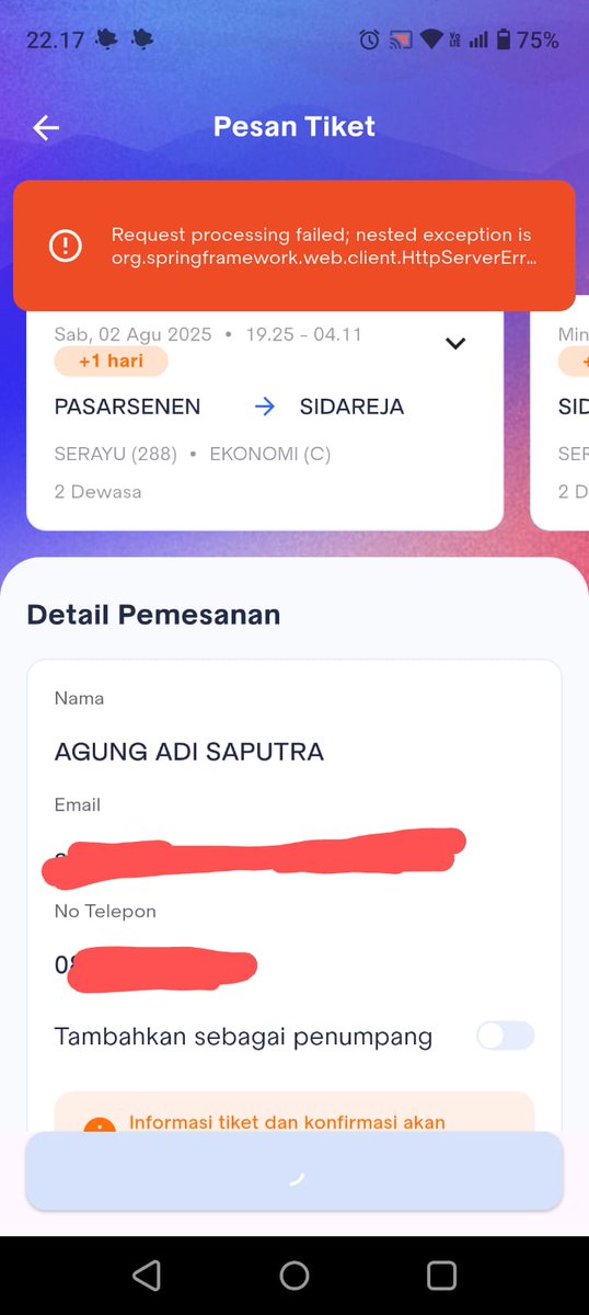 A_pertama's tweet photo. @KAI121 min, mau coba beli tiket di KAI Access kena error begini, kenapa ya?
Udah coba ganti tanggal masih sama https://t.co/bUelrnRFeM