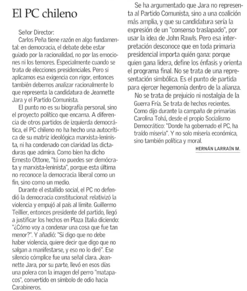 "... el PC chileno no ha hecho una autocrítica de su matriz ideológica marxista-leninista, ni ha condenado con claridad las dictaduras que  admira".

Comparto carta en respuesta a la columna de Carlos Peña de ayer en <a href="/__elmercurio/">El Mercurio</a>.