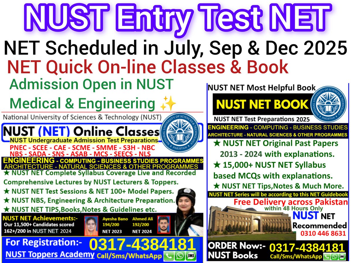 NumsPmc's tweet image. NUST NET (Engineering - Business &amp;amp; Architecture) Test 2025 Admission Open 

👉 NUST NET Online Classes
Live and Recorded Video Lectures
Test Sessions, FLP&apos;s &amp;amp; NUST NET Model and Practice Paper&apos;s.

.
.
.

#NUST #NET #NUSTentrytest #nusttest #nustmaths #netmcqs #nust #H12