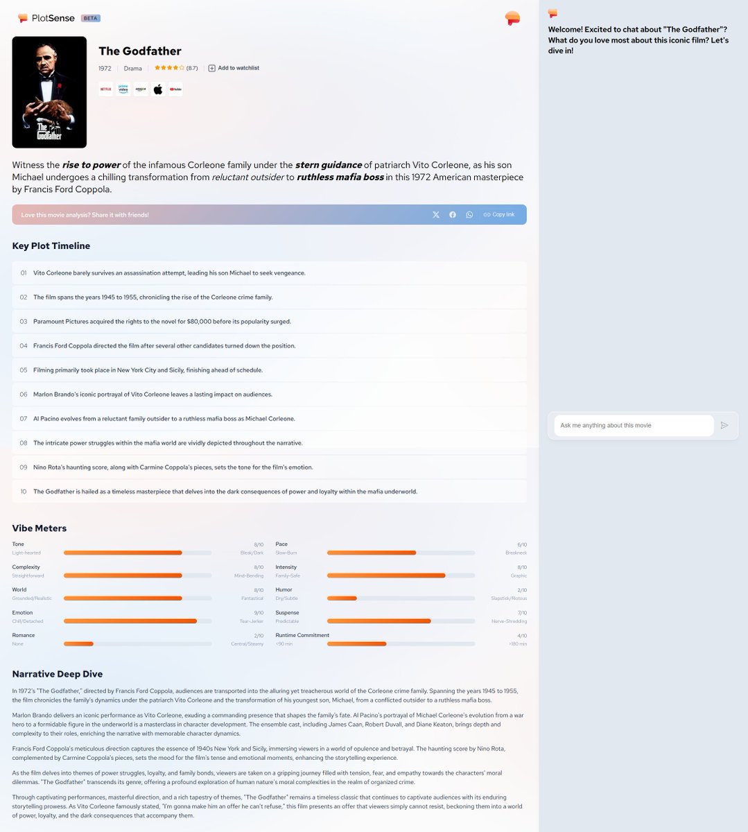 Shawshank Redemption, as seen by the PlotSense:

🧱 10 plot beats
⚙️ 10 vibe sliders
💬 1 chat window where you can ask:
 “How does this film defines hope?”

This is what a vibe-first film page looks like → plotsense.ai