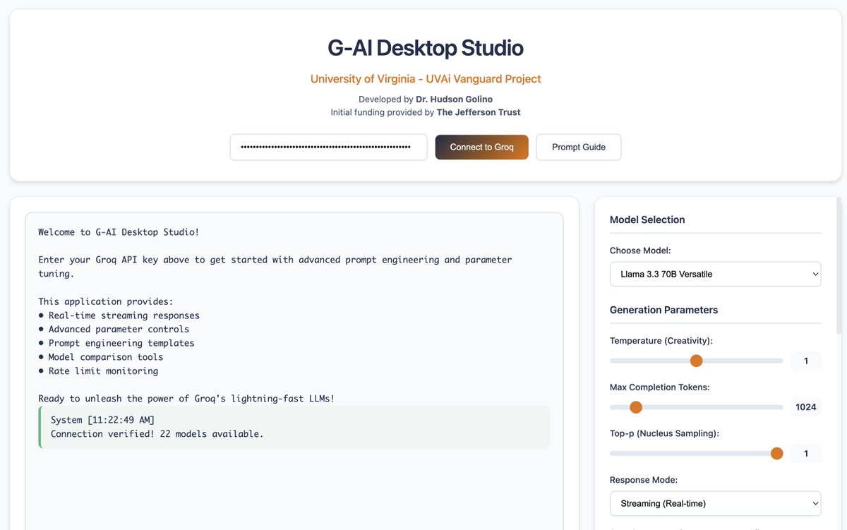 GolinoHudson's tweet image. My new G-AI Desktop Studio is a lightning fast app for LLM usage. You can chat with your own documents, interact with state-of-the-art free and open-source LLM models, and more. Also, it has an interactive prompt engineering guide that is top-notch!