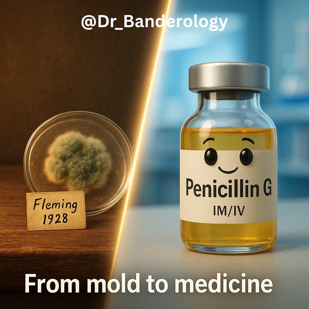Dr_Banderology's tweet photo. From mold to medicine. 🍄💉
In 1928, Fleming discovered Penicillin growing on mold.
Today, it’s a life-saving antibiotic still used IM/IV.
A true medical glow-up.

من أول مضاد حيوي بالتاريخ،
إلى دواء ينقذ الأرواح 
هذي قصة البنسيلين، البداية في عالم الأدوية.
#Pharmacy #Antibiotics #Penicillin #DrugHistory
@Dr_Banderology