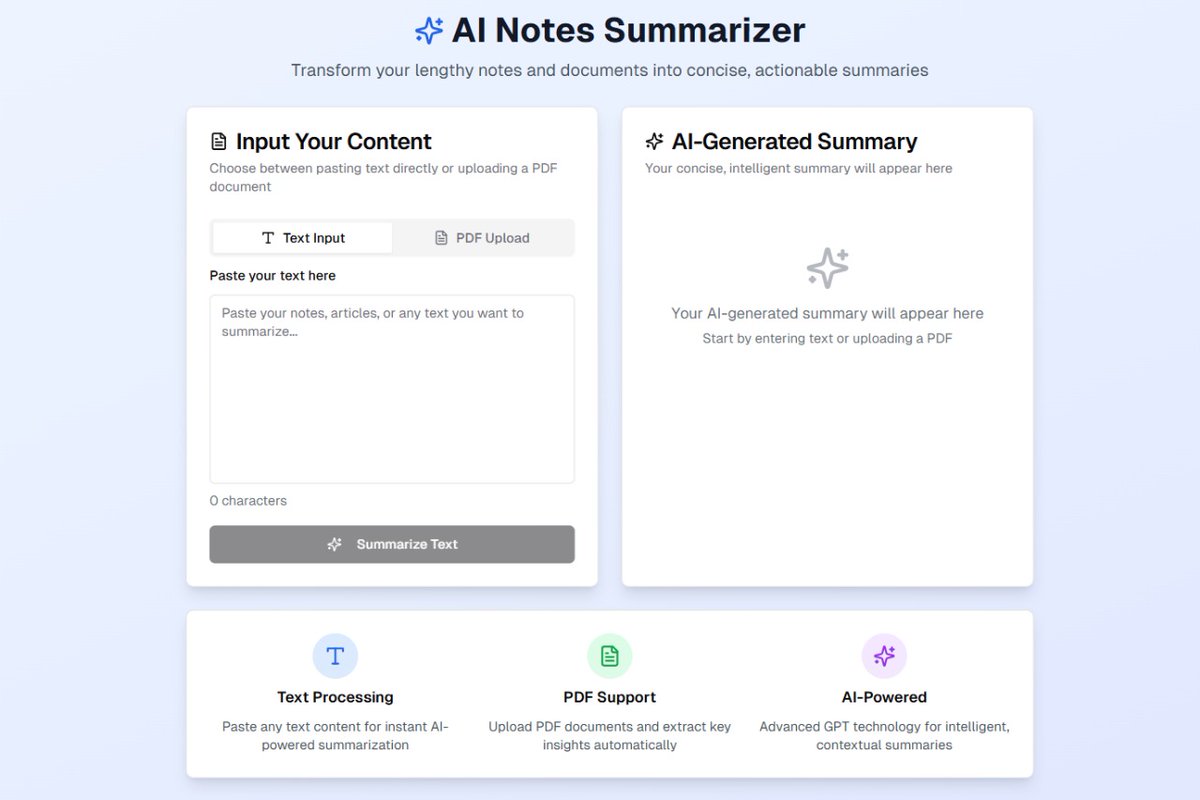 anjalisinggh12's tweet photo. Simplify your notes, supercharge your learning!
Meet AI Notes Summarizer โ turn long docs into crisp summaries in seconds.
๐ Just paste or upload & let the it do the magic โจ
#Productivity #AItools #Notetaking #EdTech #gptx https://t.co/83NF9gUrqK