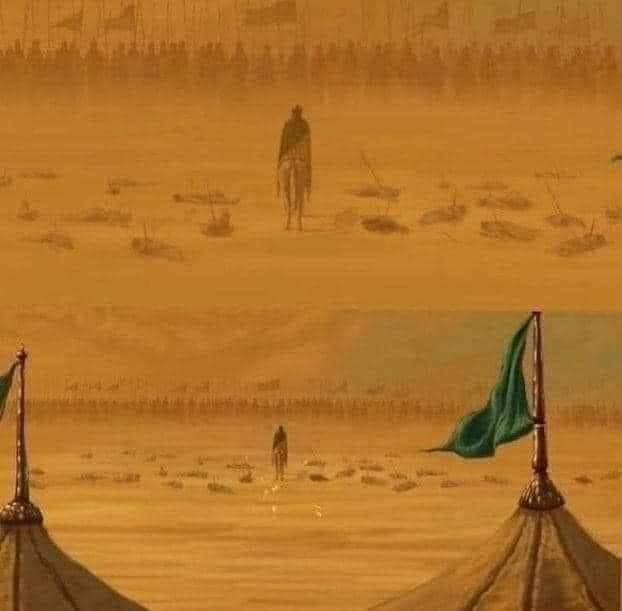 صورة تجسد الصمود الأسطوري للحسين ابن علي 
امام الالة الاجراميه والوحشية للجيش الاموي !
#محرم_1447 
#ليلة_العاشر
