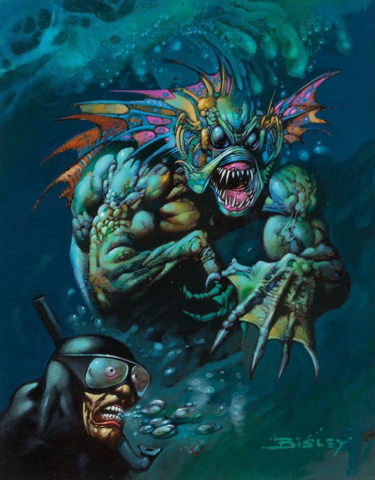 💀There certainly is a strange streak in Innsmouth folks. Some of ’em have queer narrow heads with flat noses &amp; bulgy, stary eyes that never seem to shut &amp; their skin ain’t quite right. Rough, scabby &amp; the sides of their necks are all creased up🎨"Deepling" by Simon