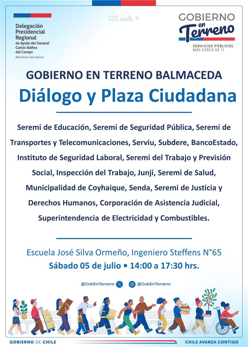 📍Balmaceda | #Hoy estará nuestra Seremi Camila Covarrubias con la Inspección del Trabajo y al Instituto de Seguridad Laboral (ISL) junto a otros servicios públicos e instituciones para atender a la comunidad de Balmaceda, acercando trámites de relevancia.
🙋🏻Te esperamos!