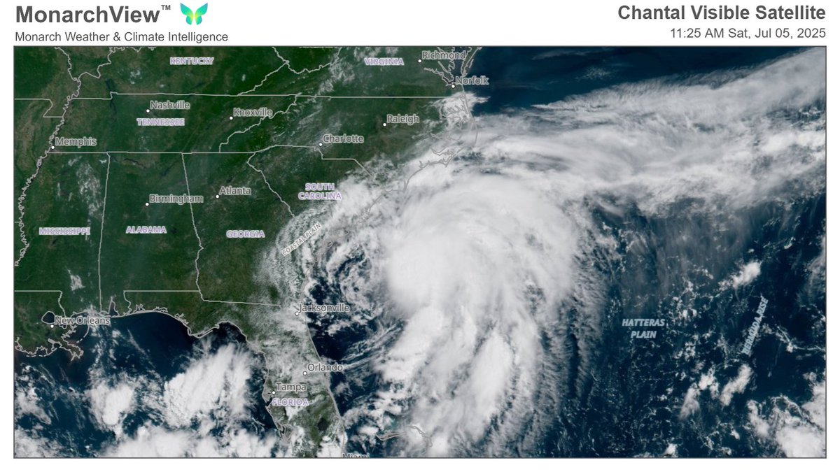 KathrynProciv's tweet image. We will have our first landfalling tropical system of 2025 by the end of the holiday weekend. Tropical Storm #Chantal is asymmetrical and lopsided, with the heaviest rain east of the center. Images courtesy of @monarchweather's MonarchView™ 🦋