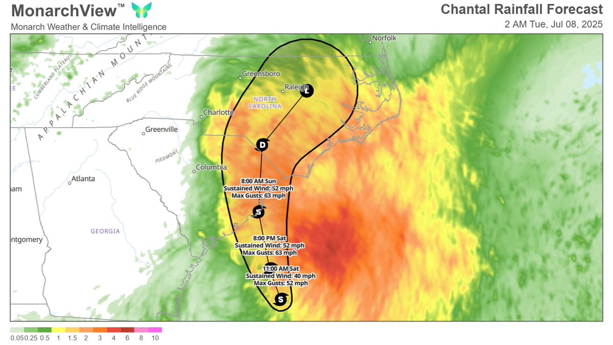 KathrynProciv's tweet image. We will have our first landfalling tropical system of 2025 by the end of the holiday weekend. Tropical Storm #Chantal is asymmetrical and lopsided, with the heaviest rain east of the center. Images courtesy of @monarchweather's MonarchView™ 🦋
