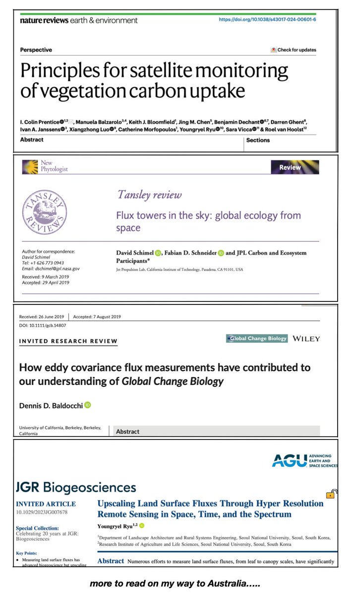 ✈️🇦🇺 + 📚 = Prep for #FLUXNET2025! Co-leading the 'Remote Sensing/Upscaling' breakout session (11am Thursday, 10th July) with <a href="/ryuyr77/">RyuLab@SNU</a> &amp; <a href="/Jacobnelson18/">Jake Nelson</a>. So much great science to be discussed next week! #CarbonCycle #EarthObservation