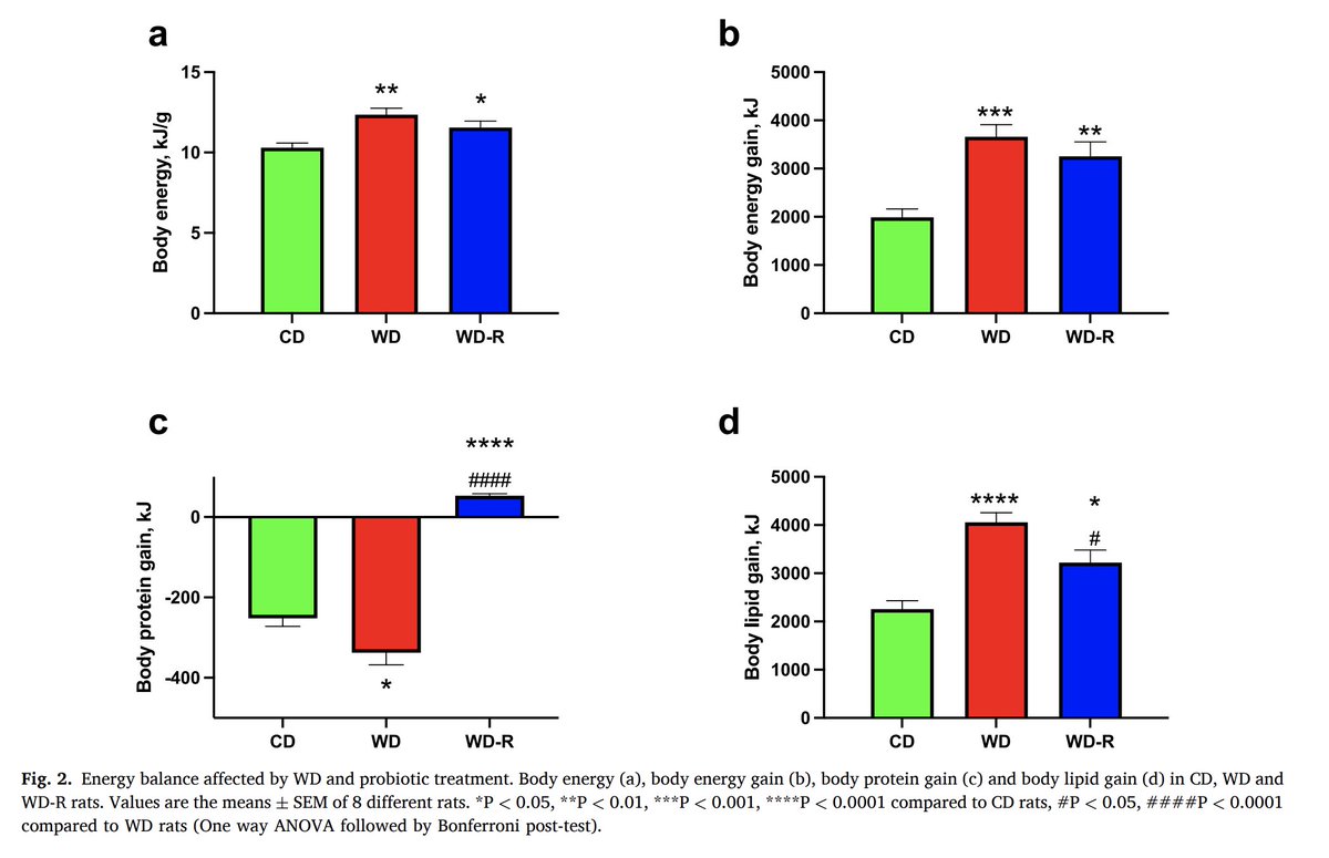 Probiotic (L. Reuteri) reduces fat gain, improves insulin resistance.

Counteracts the effect of a junk food diet:

➠ Reduces body weight
➠ Improves glucose metabolism
➠ Improves lipid profile
➠ Lowers inflammation (↑IL-10, ↓IL-6, TNF-α)
➠ Reduces ENDOTOXIN
➠ Improves