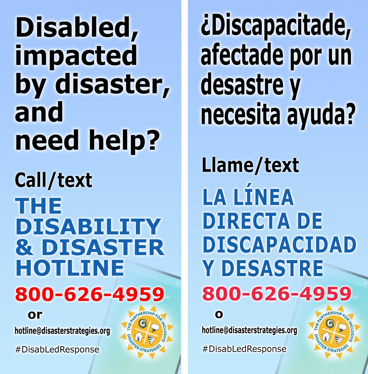 The Partnership for Inclusive Disaster Strategies (@disasterstrat) on Twitter photo Disabled, impacted by the Guadalupe River flooding need help? Discapacitade, afectade por las inundaciones del rio Guadalupe y necesita ayuda?
Try | Trate 211, 311, 800.733.2767
Call/text (llame) Disability & Disaster Hotline 800-626-4959 or hotline@disasterstrategies.org. Disabled, impacted by the Guadalupe River flooding need help? Discapacitade, afectade por las inundaciones del rio Guadalupe y necesita ayuda?
Try | Trate 211, 311, 800.733.2767
Call/text (llame) Disability & Disaster Hotline 800-626-4959 or hotline@disasterstrategies.org.