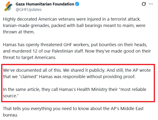 Aizenberg (@aizenberg55) on Twitter photo This comment by <a href="/GHFUpdates/">Gaza Humanitarian Foundation</a> describes the entire media narrative of the Gaza war since 10/7: Hamas is a trusted source, its claims accepted without question. But when even Americans say that Hamas attacked Americans? Not believable, just a claim made without evidence provided. This comment by <a href="/GHFUpdates/">Gaza Humanitarian Foundation</a> describes the entire media narrative of the Gaza war since 10/7: Hamas is a trusted source, its claims accepted without question. But when even Americans say that Hamas attacked Americans? Not believable, just a claim made without evidence provided.