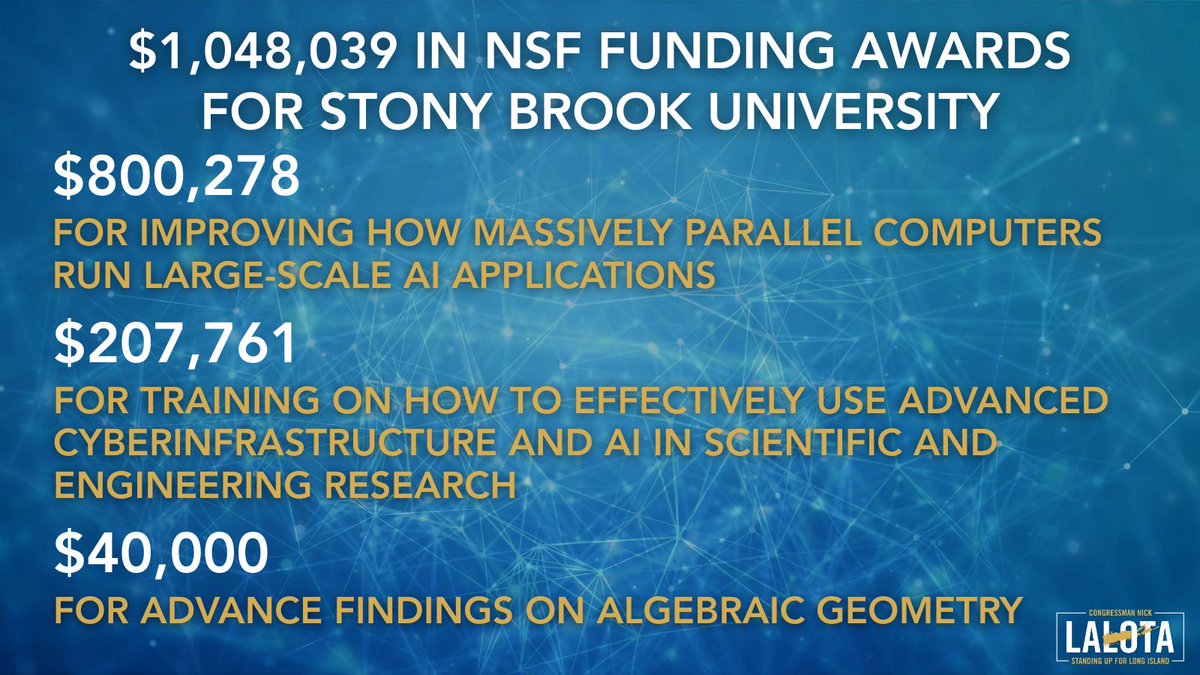 Congressman Nick LaLota (@replalota) on Twitter photo Great news: <a href="/NSF/">U.S. National Science Foundation</a> awarded over $1M in research grants to <a href="/stonybrooku/">Stony Brook University</a>! Federal investments are keeping Long Island at the cutting edge of science. Great news: <a href="/NSF/">U.S. National Science Foundation</a> awarded over $1M in research grants to <a href="/stonybrooku/">Stony Brook University</a>! Federal investments are keeping Long Island at the cutting edge of science.