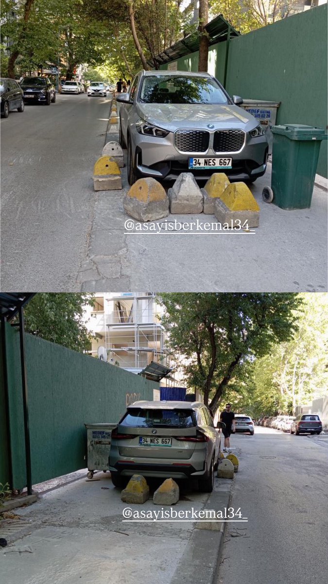 Kadıköy’de kaldırıma park eden bir aracın etrafı, beton taşlarla çevrildi.