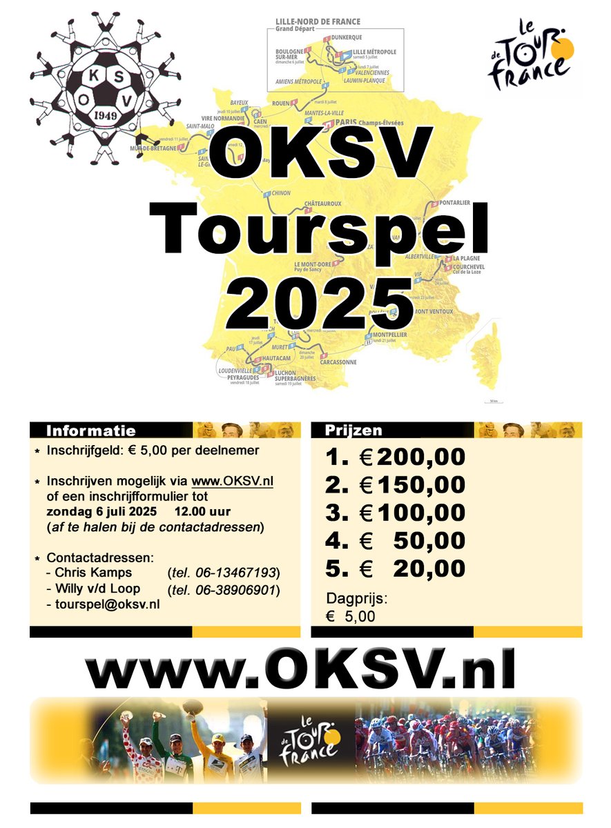 Jasper Philipsen heeft de 1e etappe van de Tour 2025 gewonnen.

Morgen, de tweede etappe, is de eerste die meetelt voor het OKSV Tourspel 2025. Je kunt je dan nog voor zondag 12:00 uur inschrijven voor het Tourspel 2025. Dus ga snel naar oksv.nl/tourspel2025/ en schrijf je in!!