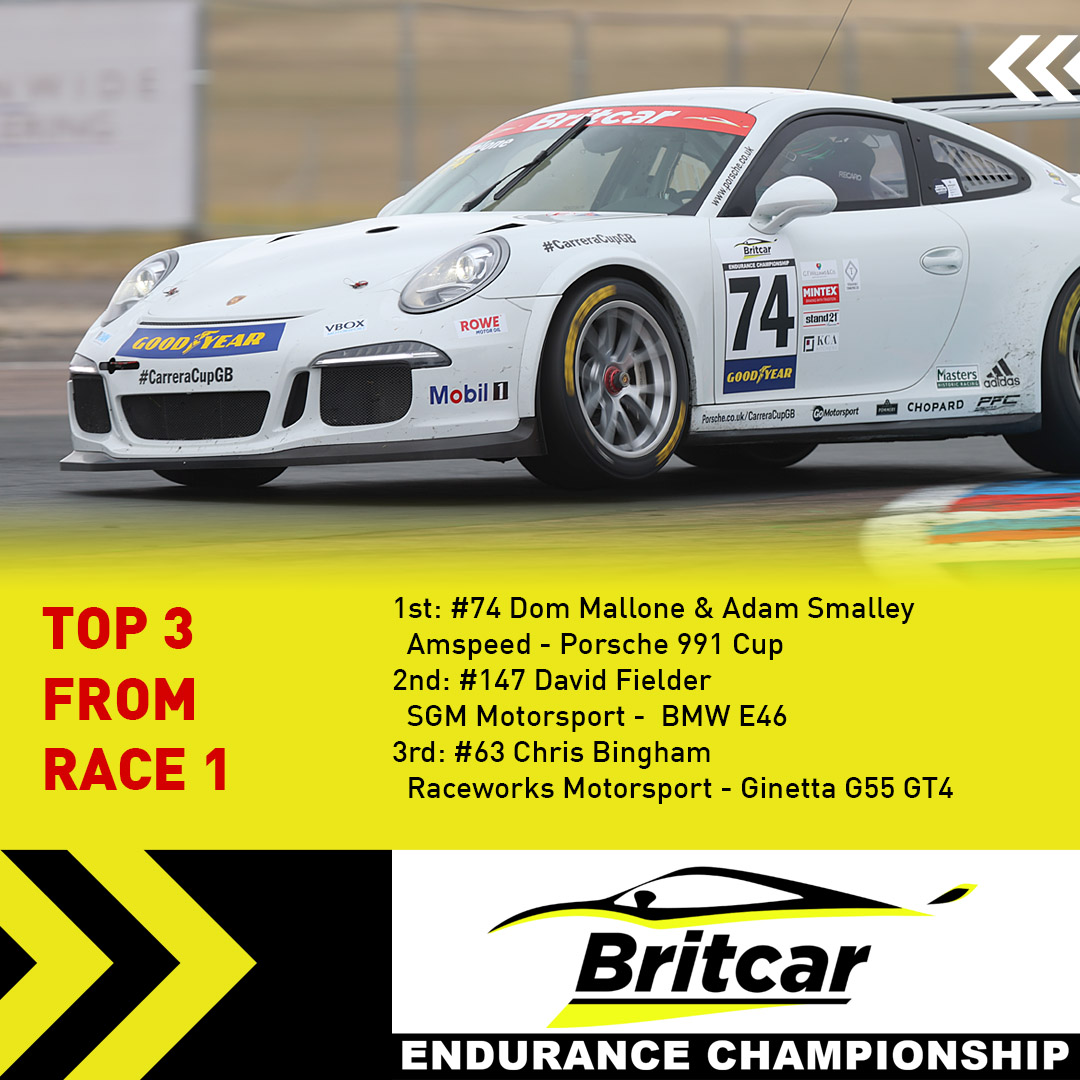 Top three from Race 1:
1st: #74 Dom Mallone &amp; Adam Smalley
  Amspeed - Porsche 991 Cup
2nd: #147 David Fielder
  SGM Motorsport -  BMW E46
3rd: #63 Chris Bingham
  Raceworks Motorsport - Ginetta G55 GT4