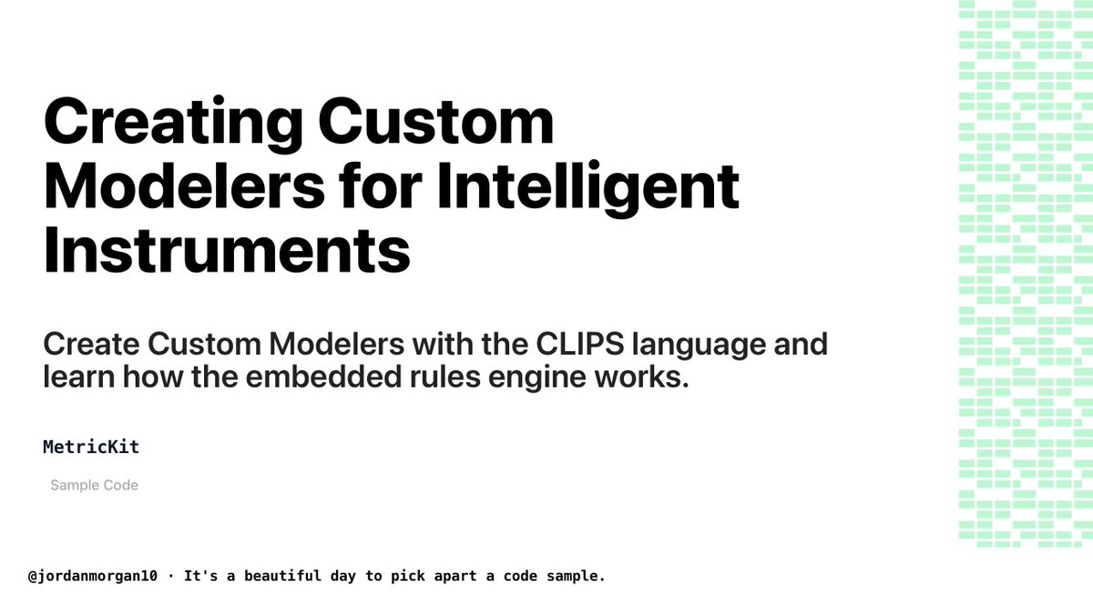 📱Today's code sample is from MetricKit📱

Creating Custom Modelers for Intelligent Instruments:
Create Custom Modelers with the CLIPS language and learn how the embedded rules engine works.

👉developer.apple.com/documentation/…