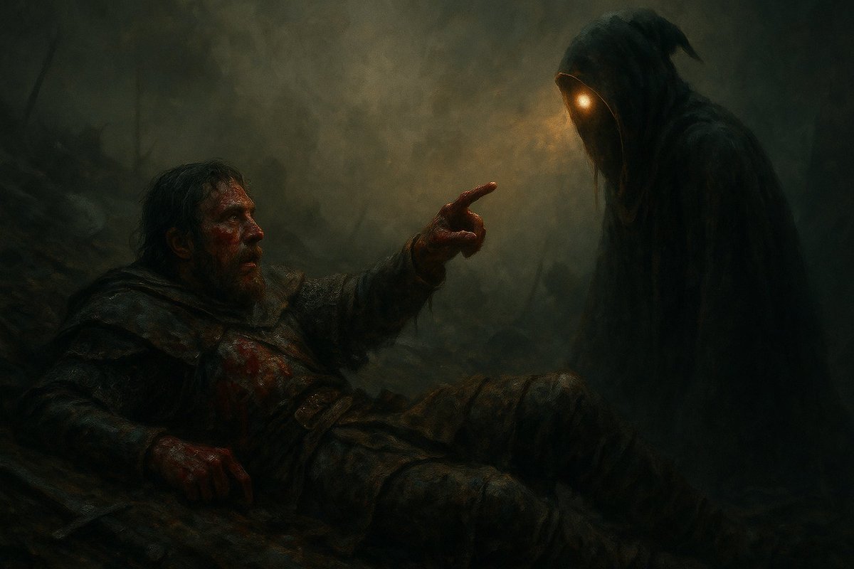 Lying in blood and ash, he pointed not in pride but hope.
Past ego, past war, toward the light that asked not who he was,
but who he could still become.