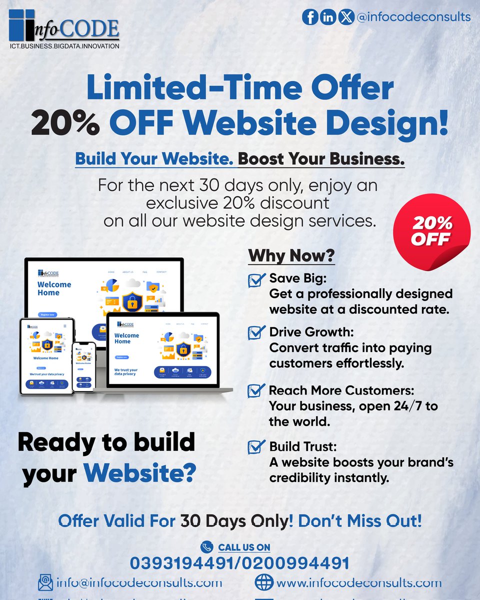 ⏰ Limited-Time Offer! Get 20% OFF Website Design with Infocode!
Build your professional website &amp; boost your business. Offer valid for 30days only. Don't miss this chance to save &amp; grow!
📞 Call : 0393194491
🌐 infocodeconsults.com
#websitedesign #ecommerce #businessgrowthtip