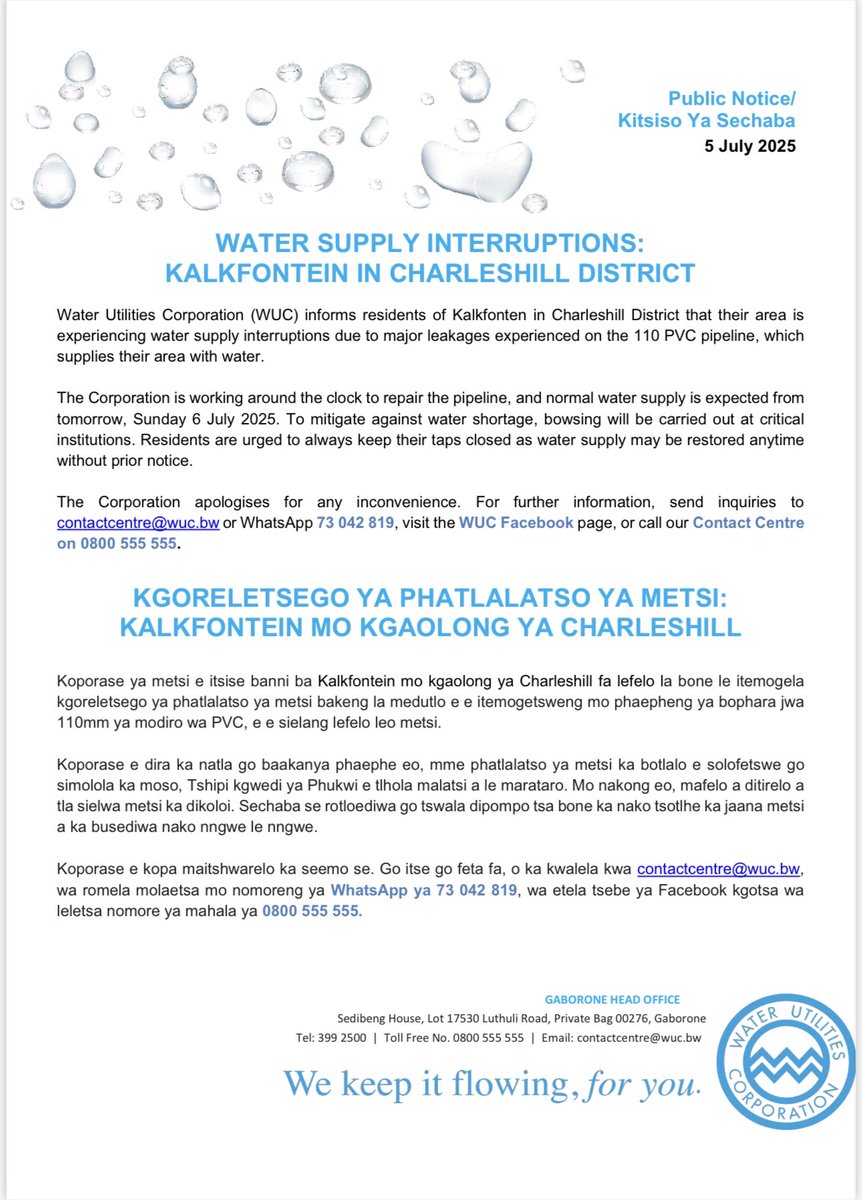 Public Notice/Kitsiso Ya Sechaba 
Water Supply Interruptions/Kgoreletsego ya phatlalatso ya metsi 

Kalkfontein in Charleshill District