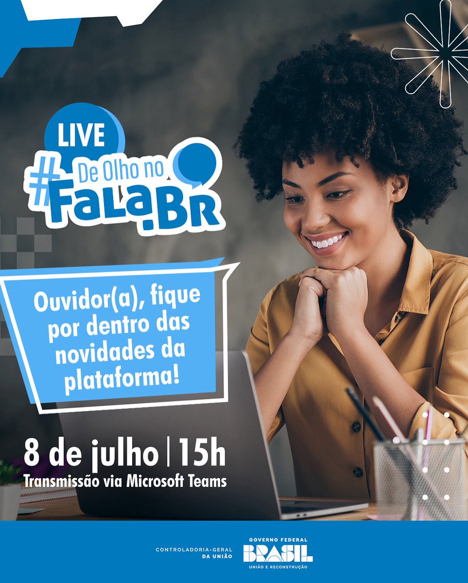 🗣️ Ouvidor(a), você é nosso convidado! 
Participe da live “De Olho no Fala.BR” na terça (08/07), às 15h, via Teams. Conheça as novidades da plataforma e fique por dentro das mudanças que impactam o seu trabalho! 

🔗 Clique e participe: 
bit.ly/3Ibtmua