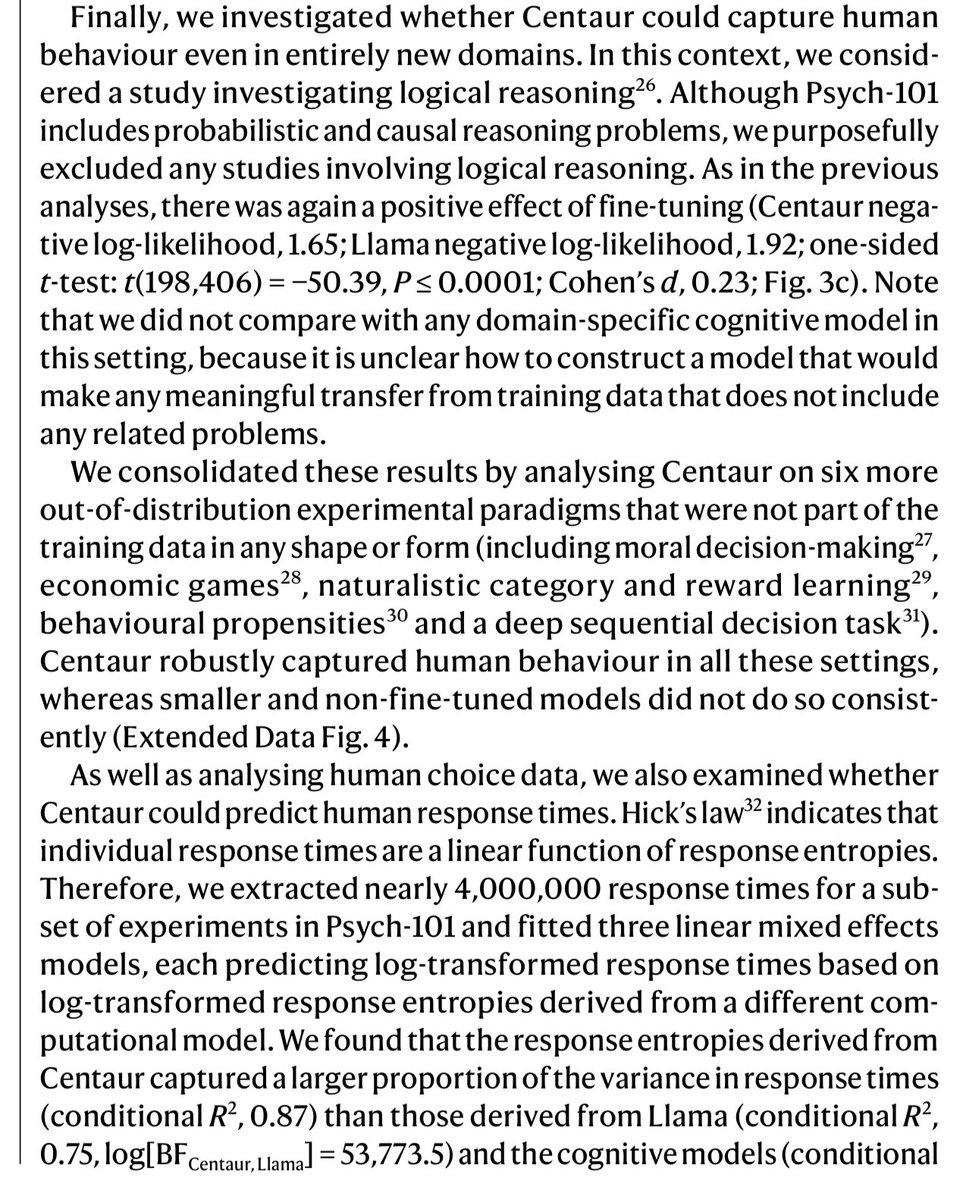 emollick's tweet image. An AI model (Llama 3.1 70B) fine-tuned on the results of 60,000 people in psychology experiments shows some real promise in using LLMs for studying human behavior.
It predicts actual human behavior in held-out data & it generalizes to out-of-distribution tasks and experiments.