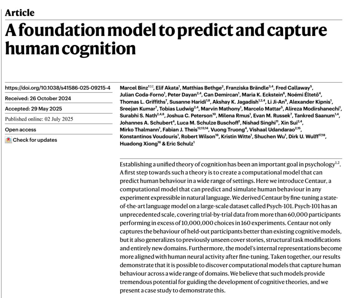 emollick's tweet image. An AI model (Llama 3.1 70B) fine-tuned on the results of 60,000 people in psychology experiments shows some real promise in using LLMs for studying human behavior.
It predicts actual human behavior in held-out data & it generalizes to out-of-distribution tasks and experiments.