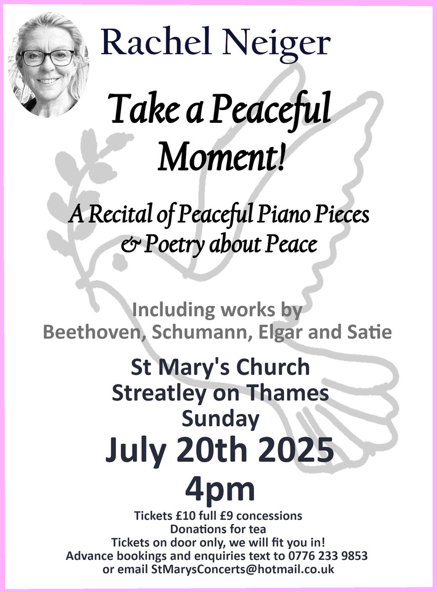 St Marys Concerts (@concertsstmarys) on Twitter photo Next St Mary's Concert Sunday July 20th 4pm. Feeling stressed and exhausted? Come and enjoy some Peaceful Moments in a beautiful candlelit church with Rachel Neiger, piano virtuoso and some peaceful poetry too. <a href="/phil_creighton/">Phil Creighton </a> <a href="/outloudpw/">Out Loud</a> <a href="/randamag/">Round & About Magazine</a> <a href="/StreatleyPC/">Streatley PC</a> Next St Mary's Concert Sunday July 20th 4pm. Feeling stressed and exhausted? Come and enjoy some Peaceful Moments in a beautiful candlelit church with Rachel Neiger, piano virtuoso and some peaceful poetry too. <a href="/phil_creighton/">Phil Creighton </a> <a href="/outloudpw/">Out Loud</a> <a href="/randamag/">Round & About Magazine</a> <a href="/StreatleyPC/">Streatley PC</a>